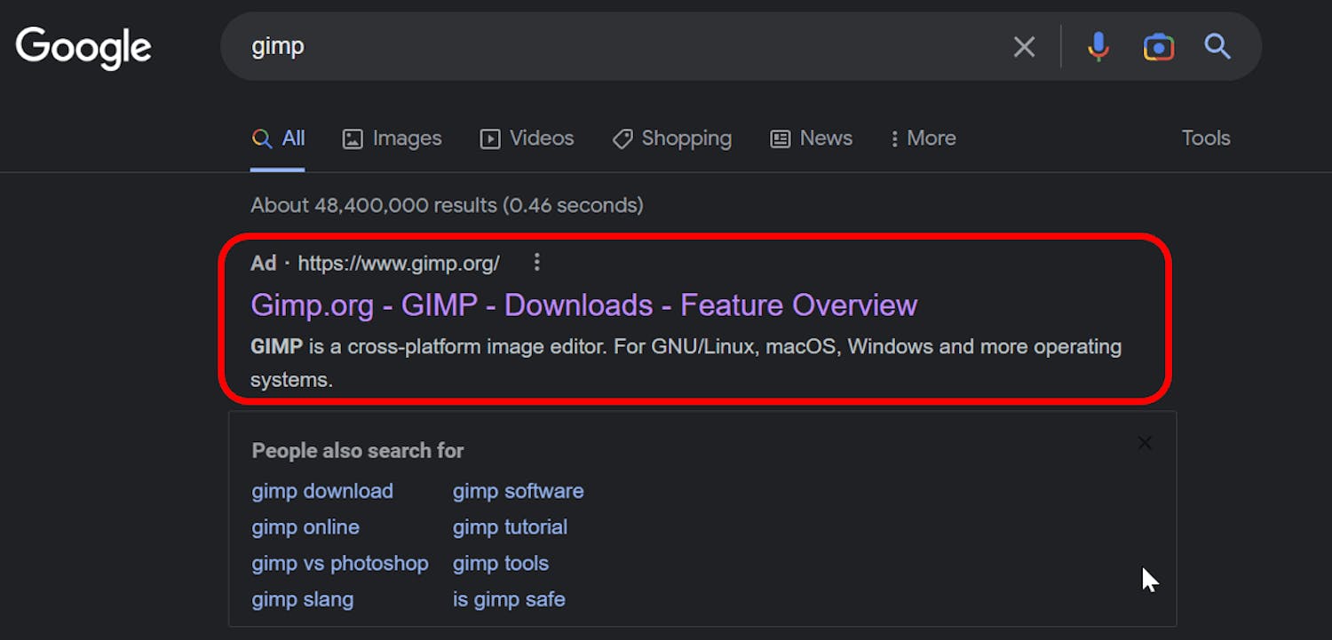 Farlig annonse: Falsk reklame for Gimp i Google